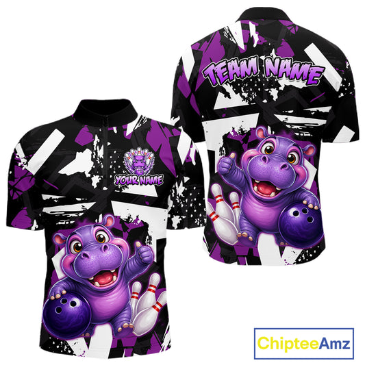 Front and back views of a black, white, and purple bowling quarter zip shirt featuring a cheerful purple hippo holding a bowling ball, with custom team and player name text.