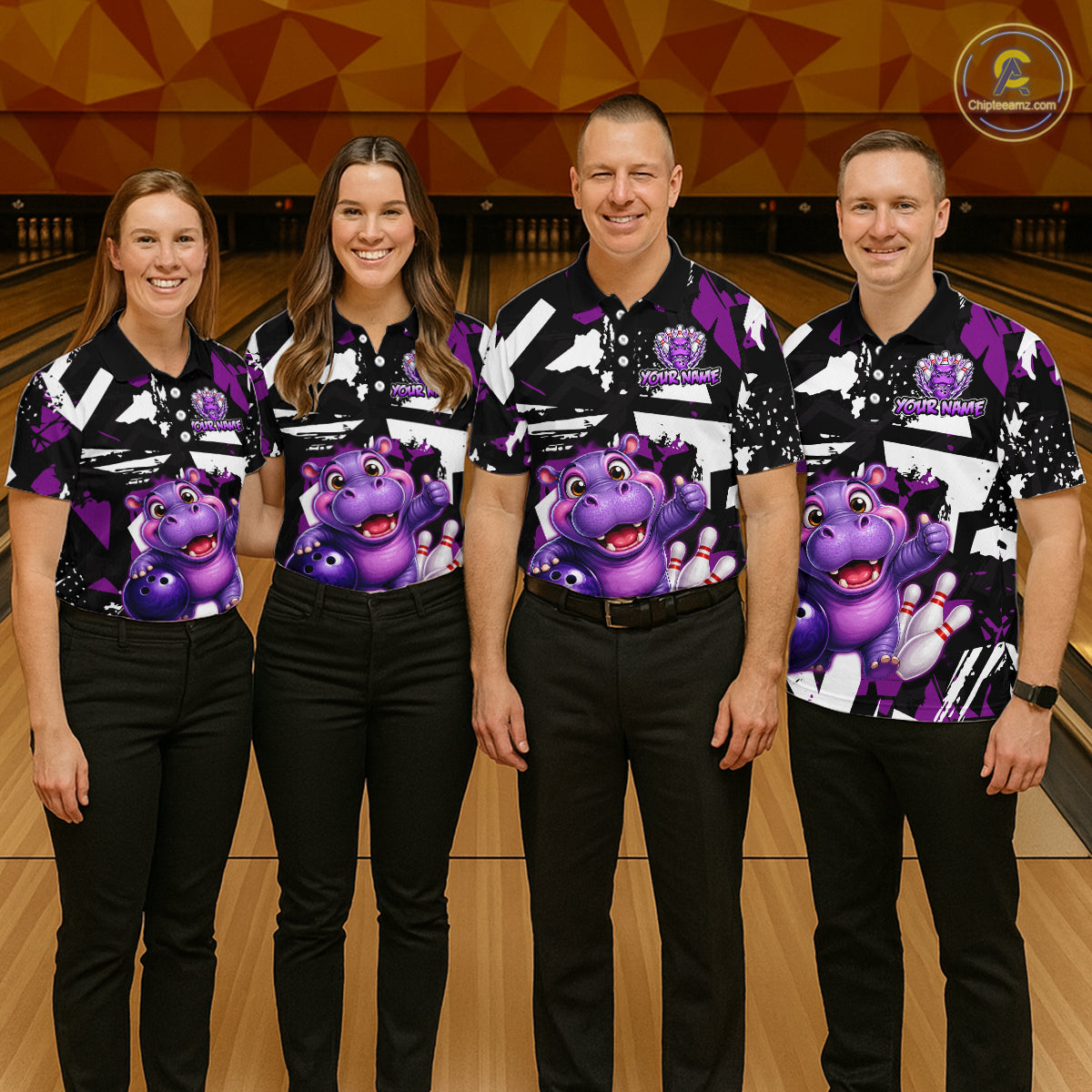 Four people wearing wearing of a black, white, and purple bowling quarter zip shirt featuring a cheerful purple hippo holding a bowling ball, with custom team name text.