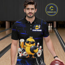 Load image into Gallery viewer, Man wearing a black bowling polo featuring a sunglasses-wearing yellow chick holding a bowling ball and beer, surrounded by smiling bowling pins, with personalized name and team name text.