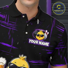 Load image into Gallery viewer, Man wearing black bowling polo featuring a sunglasses-wearing yellow chick holding a bowling ball and beer, surrounded by smiling bowling pins, with personalized name 