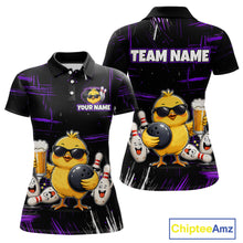 Load image into Gallery viewer, Front and back bowling polo shirt featuring a chick holding a bowling ball surrounded by smiling pins and beer graphics on black yellow background.