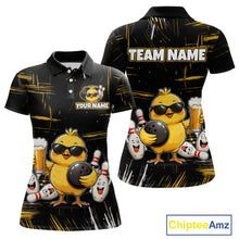 Load image into Gallery viewer, Front and back bowling polo shirt featuring a chick holding a bowling ball surrounded by smiling pins and beer graphics on black yellow background.