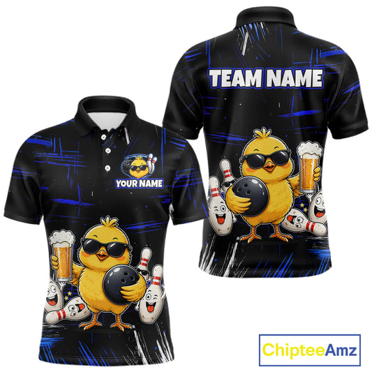 Front and back views of a black bowling polo featuring a sunglasses-wearing yellow chick holding a bowling ball and beer, surrounded by smiling bowling pins, with personalized name and team name text.