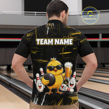 Load image into Gallery viewer, Man wearing a black bowling quarter zip featuring a sunglasses-wearing yellow chick holding a bowling ball and beer, surrounded by smiling bowling pins, with personalized name and team name text.