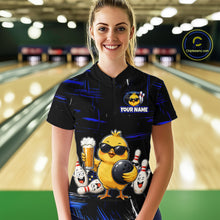 Load image into Gallery viewer, Women wearing bowling polo shirt featuring a chick holding a bowling ball surrounded by smiling pins and beer graphics on black yellow background
