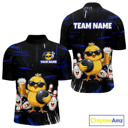 Front and back views of a black bowling quarter zip featuring a sunglasses-wearing yellow chick holding a bowling ball and beer, surrounded by smiling bowling pins, with personalized name and team name text.