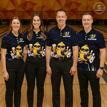 Load image into Gallery viewer, Four people wearing a black bowling polo featuring a sunglasses-wearing yellow chick holding a bowling ball and beer, surrounded by smiling bowling pins, with personalized name and team name text.