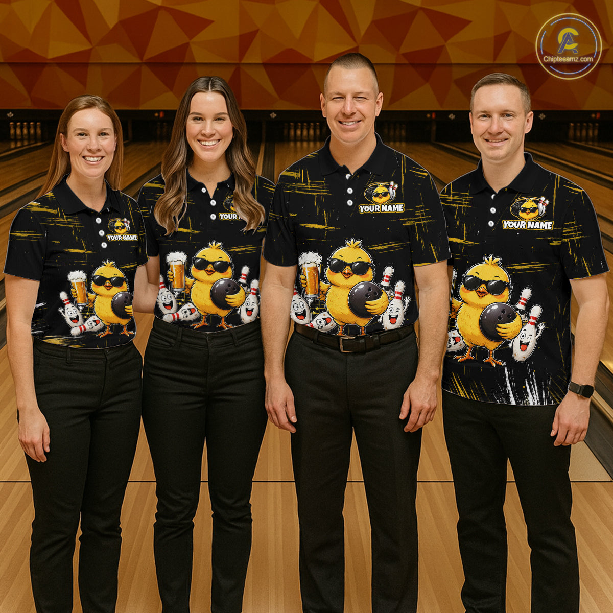 Four people wearing bowling polo shirt featuring a chick holding a bowling ball surrounded by smiling pins and beer graphics on black yellow background.