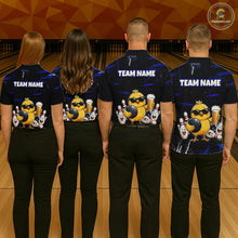 Load image into Gallery viewer, Four people wearing a black bowling polo featuring a sunglasses-wearing yellow chick holding a bowling ball and beer, surrounded by smiling bowling pins, with personalized name and team name text.