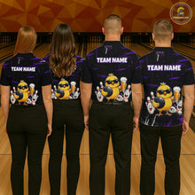 Load image into Gallery viewer, Four people wearing black bowling polo featuring a sunglasses-wearing yellow chick holding a bowling ball and beer, surrounded by smiling bowling pins, with personalized name and team name text.
