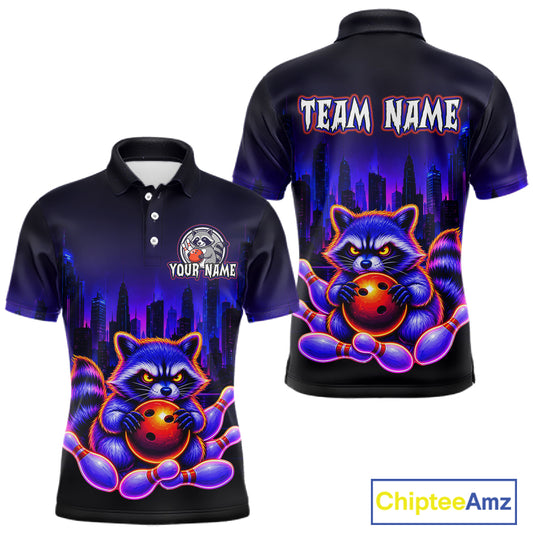 Front and back bowling polo shirt featuring a raccoon holding a bowling ball framed by pins with purple city skyline background.