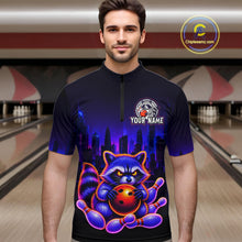Load image into Gallery viewer, Man wearing bowling quarter zip shirt featuring a raccoon holding a bowling ball framed by pins with purple city skyline background.
