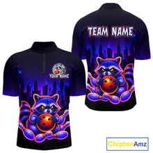 Load image into Gallery viewer, Front and back bowling quarter zip shirt featuring a raccoon holding a bowling ball framed by pins with purple city skyline background.