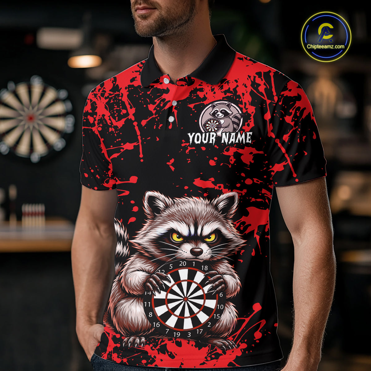 Custom Red Raccoon Funny Dart Shirt Dart Team Jersey for Men Dartboard Polo & 1/4 Zip Shirts NNT170