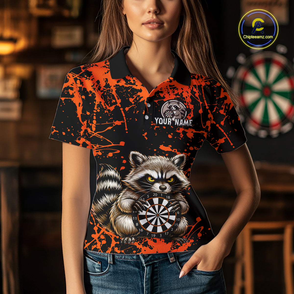 Custom Orange Raccoon Funny Dart Shirt Dart Team Jersey for Women Dartboard Polo & 1/4 Zip Shirts NNT170