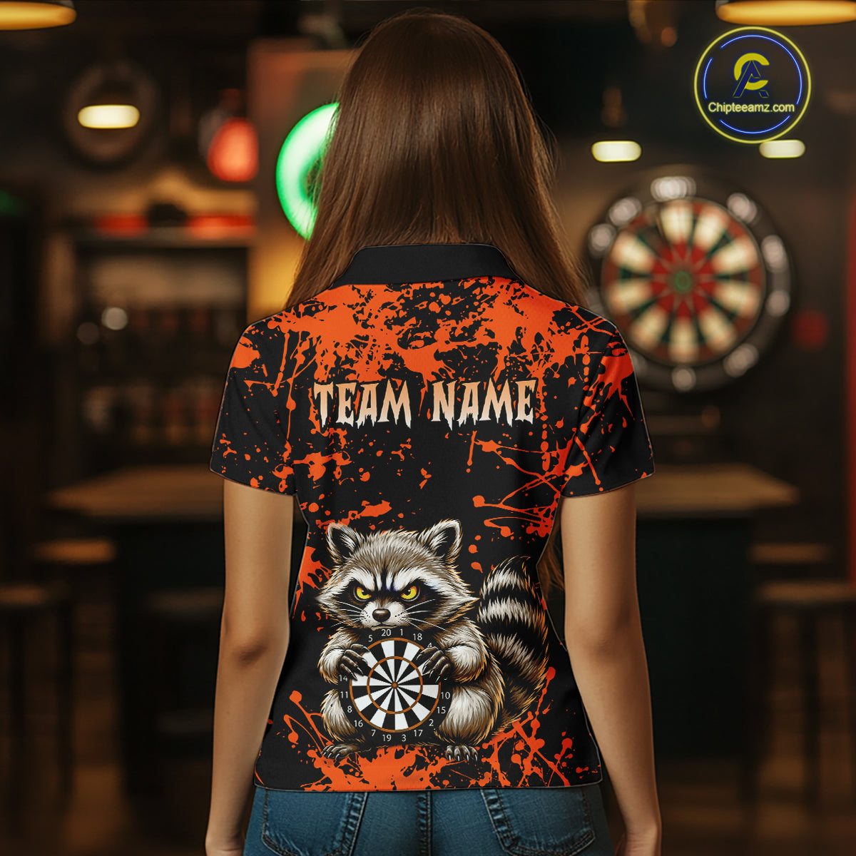 Custom Orange Raccoon Funny Dart Shirt Dart Team Jersey for Women Dartboard Polo & 1/4 Zip Shirts NNT170