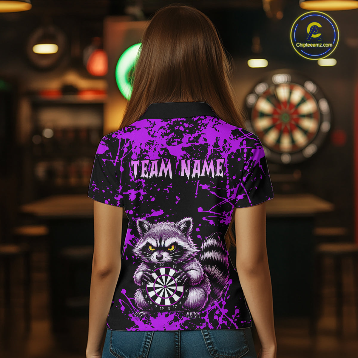 Custom Purple Raccoon Funny Dart Shirt Dart Team Jersey for Women Dartboard Polo & 1/4 Zip Shirts NNT170