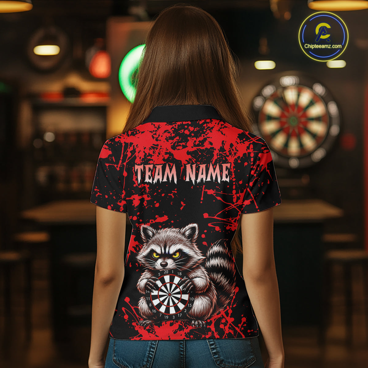 Custom Red Raccoon Funny Dart Shirt Dart Team Jersey for Women Dartboard Polo & 1/4 Zip Shirts NNT170