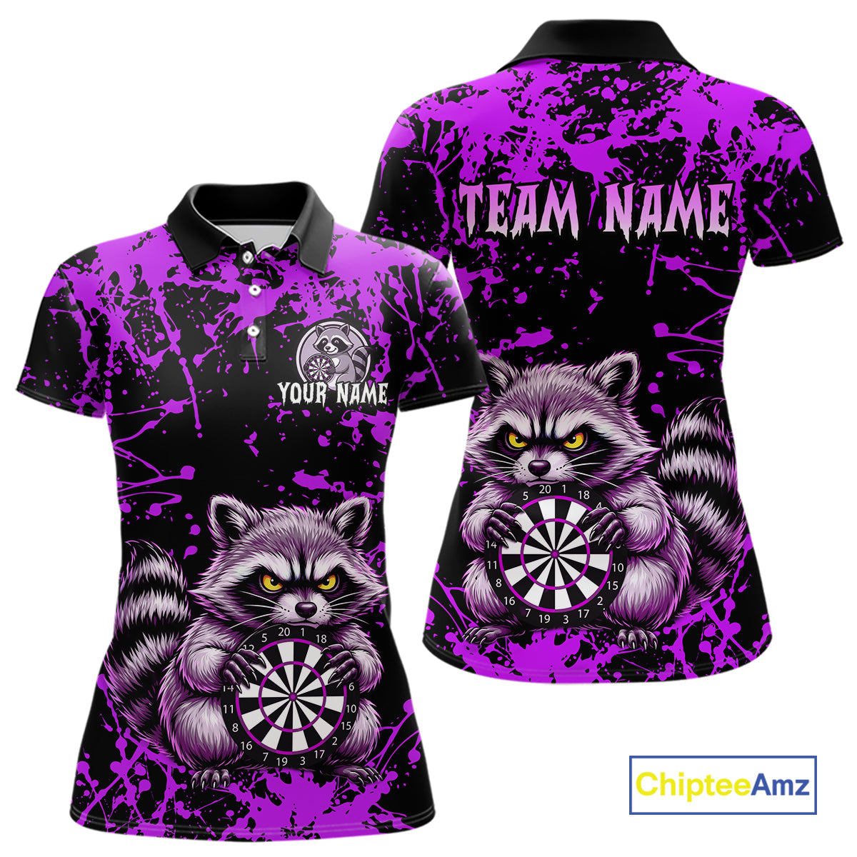 Custom Purple Raccoon Funny Dart Shirt Dart Team Jersey for Women Dartboard Polo & 1/4 Zip Shirts NNT170