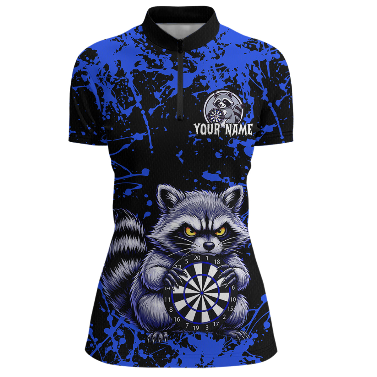 Custom Blue Raccoon Funny Dart Shirt Dart Team Jersey for Women Dartboard Polo & 1/4 Zip Shirts NNT170
