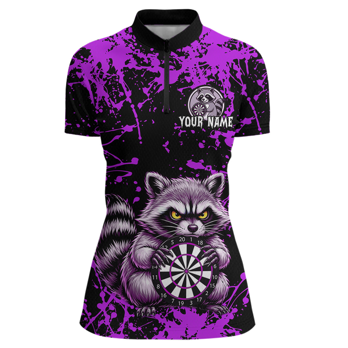 Custom Purple Raccoon Funny Dart Shirt Dart Team Jersey for Women Dartboard Polo & 1/4 Zip Shirts NNT170