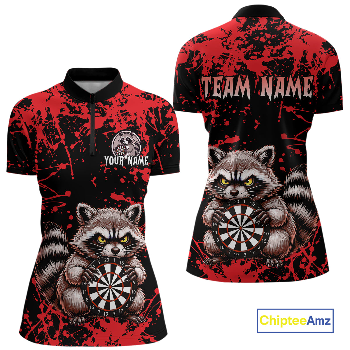 Custom Red Raccoon Funny Dart Shirt Dart Team Jersey for Women Dartboard Polo & 1/4 Zip Shirts NNT170