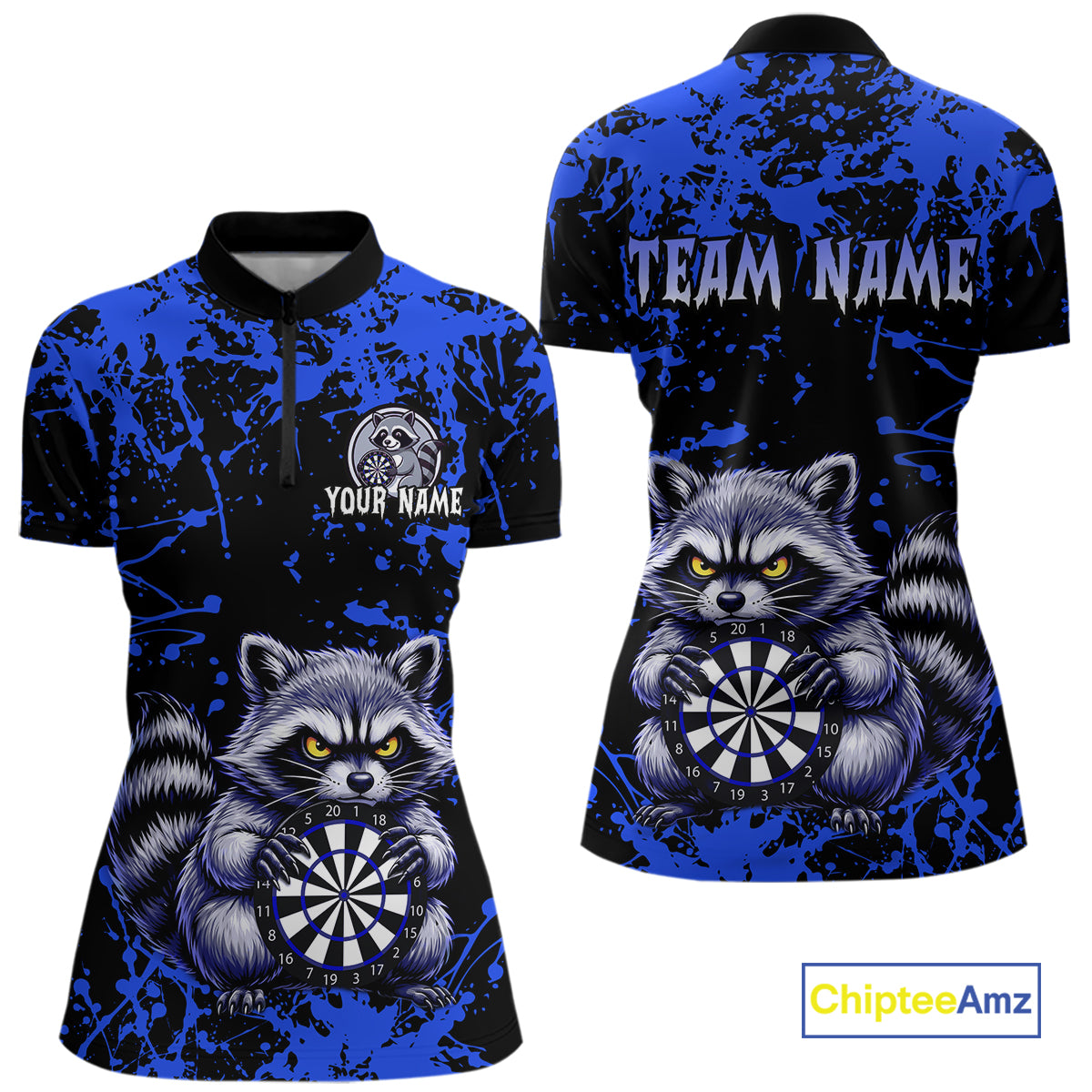 Custom Blue Raccoon Funny Dart Shirt Dart Team Jersey for Women Dartboard Polo & 1/4 Zip Shirts NNT170