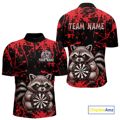Custom Red Raccoon Funny Dart Shirt Dart Team Jersey for Men Dartboard Polo & 1/4 Zip Shirts NNT170