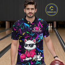 Load image into Gallery viewer, Man wearing a black bowling polo with neon geometric patterns, custom team text, and a white cat mascot in sunglasses holding a pink bowling ball.