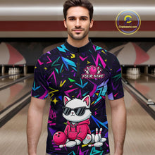 Load image into Gallery viewer, Man wearing a black bowling quarter zip with neon geometric patterns, custom team text, and a white cat mascot in sunglasses holding a pink bowling ball.