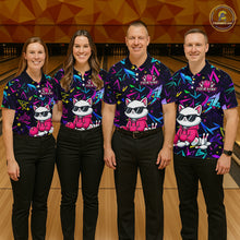 Load image into Gallery viewer, Four people wearing black bowling polo with neon geometric patterns, custom team text, and a white cat mascot in sunglasses holding a pink bowling ball.