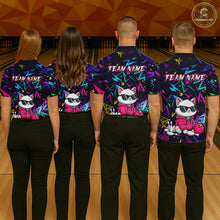 Load image into Gallery viewer, Four people wearing black bowling polo with neon geometric patterns, custom team text, and a white cat mascot in sunglasses holding a pink bowling ball.