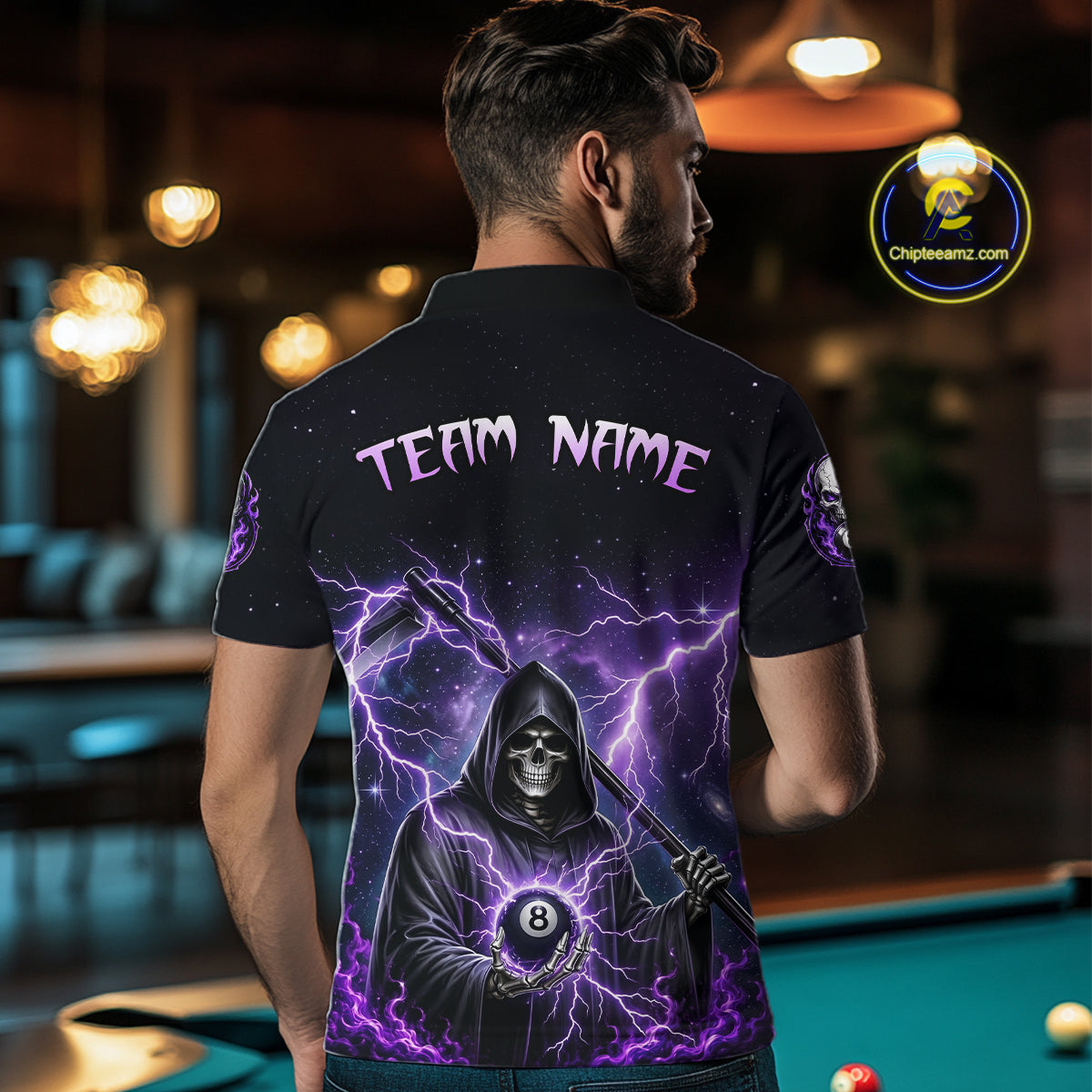 Person wearing a black billiards polo with purple lightning, a hooded grim reaper holding an 8-ball, and custom team and player name text.