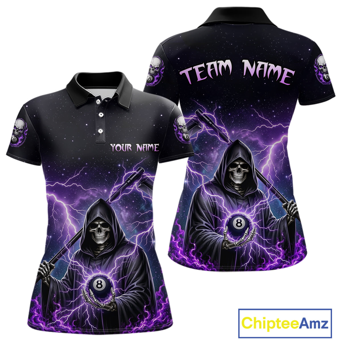 Front and back views of a black billiards polo with purple lightning, a hooded grim reaper holding an 8-ball, and custom team and player name text.