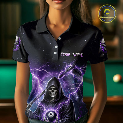 Person wearing a black billiards polo with purple lightning, a hooded grim reaper holding an 8-ball, and custom team and player name text.