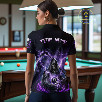 Person wearing a black billiards polo with purple lightning, a hooded grim reaper holding an 8-ball, and custom team and player name text.
