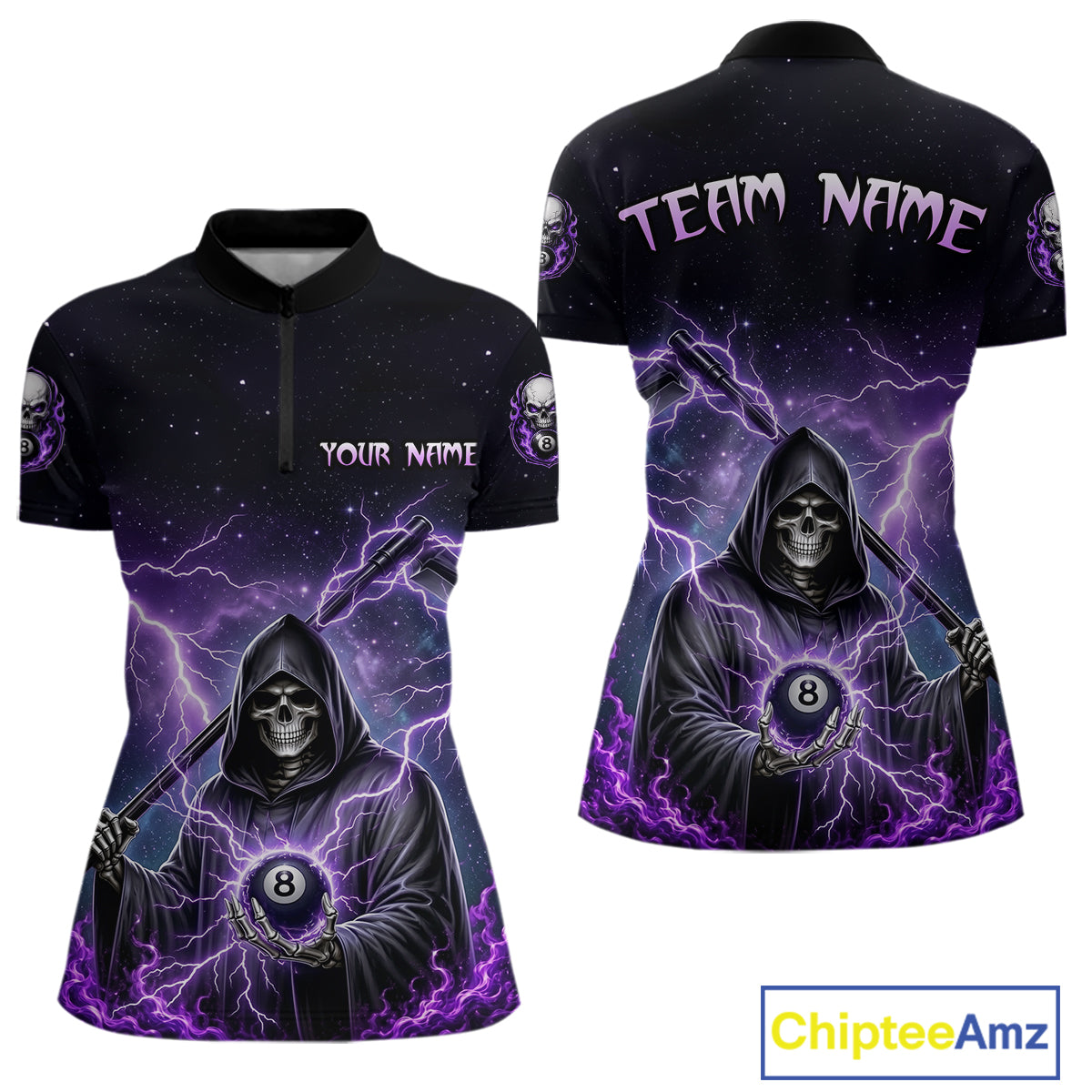 Front and back views of a black billiards quarter zip with purple lightning, a hooded grim reaper holding an 8-ball, and custom team and player name text.