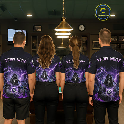 Four people wearing black billiards polo with purple lightning, a hooded grim reaper holding an 8-ball, and custom team and player name text.