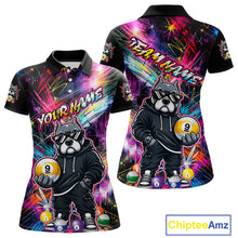 Load image into Gallery viewer, Front and back view personalized billiards polo shirt with a american bully dog holding a nine ball, integrated with colorful streaks and pool ball elements.