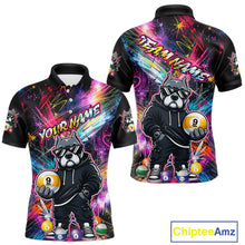 Load image into Gallery viewer, Front and back view personalized billiards polo shirt with a american bully dog holding a nine ball, integrated with colorful streaks and pool ball elements.