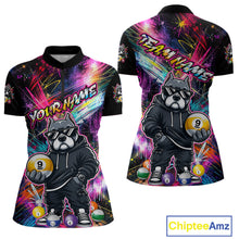 Load image into Gallery viewer, Front and back view personalized billiards quarter zip shirt with a american bully dog holding a nine ball, integrated with colorful streaks and pool ball elements.
