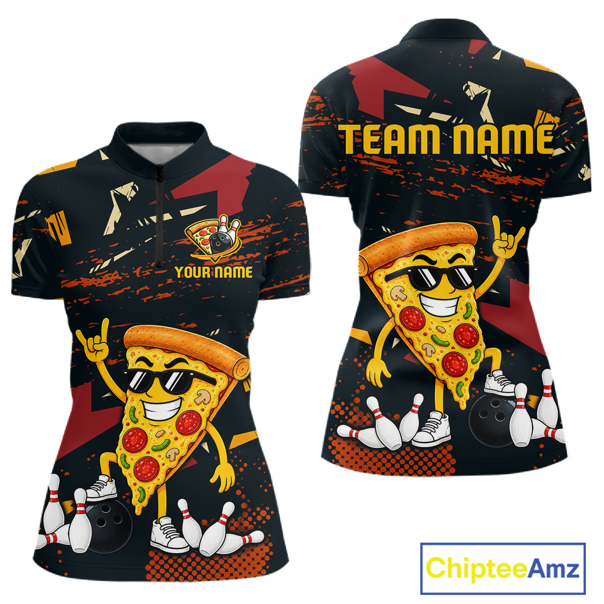 Custom Funny Pizza Bowling Team Shirts Bowling Jersey for Women Polo & 1/4 Zip Bowling League HNT473