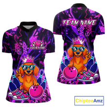 Load image into Gallery viewer, Front and back views of a black and purple bowling quarter zip shirt featuring a cartoon dachshund wearing sunglasses and a crown, holding a pink bowling ball, with custom team and player name text.