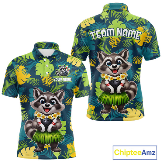Front and back views of a tropical bowling polo featuring a smiling raccoon mascot in a grass skirt, leafy patterns, bowling pins, and custom team and your name text.