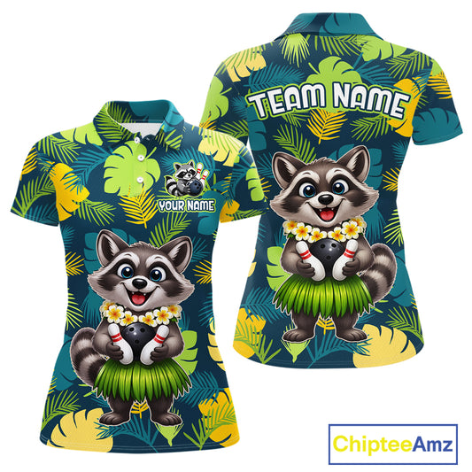 Front and back views of a tropical bowling polo featuring a smiling raccoon mascot in a grass skirt, leafy patterns, bowling pins, and custom team and your name text.