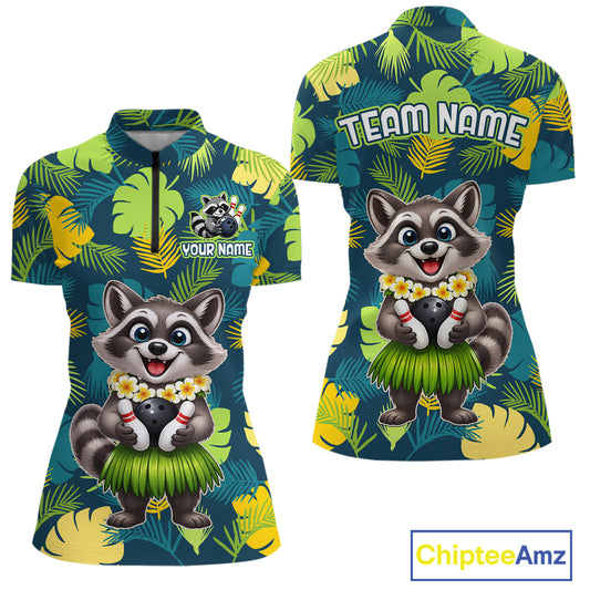 Front and back views of a tropical bowling quarter zip featuring a smiling raccoon mascot in a grass skirt, leafy patterns, bowling pins, and custom team and your name text.
