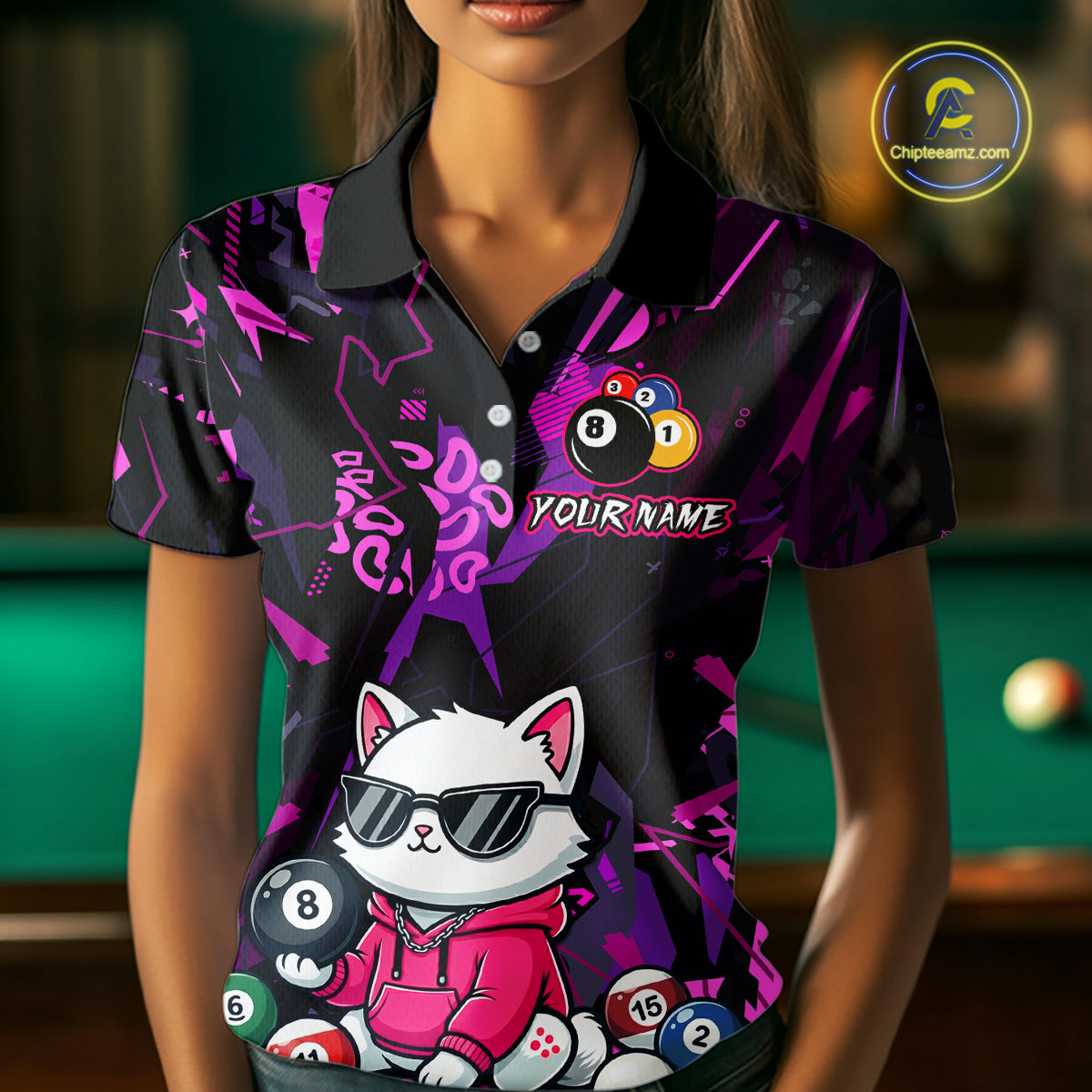 Custom Pink Cat Funny 8 Ball Pool Shirts Billiard Shirt for Women Billiard Team Jersey League NNT175