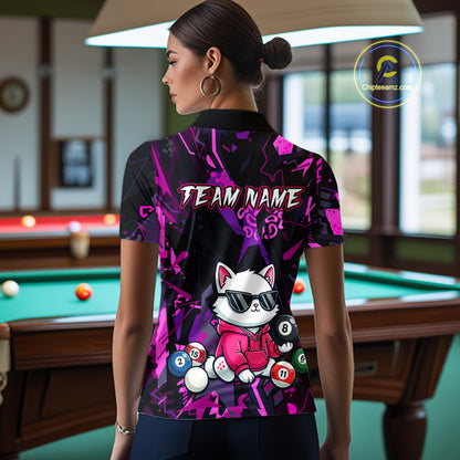 Custom Pink Cat Funny 8 Ball Pool Shirts Billiard Shirt for Women Billiard Team Jersey League NNT175