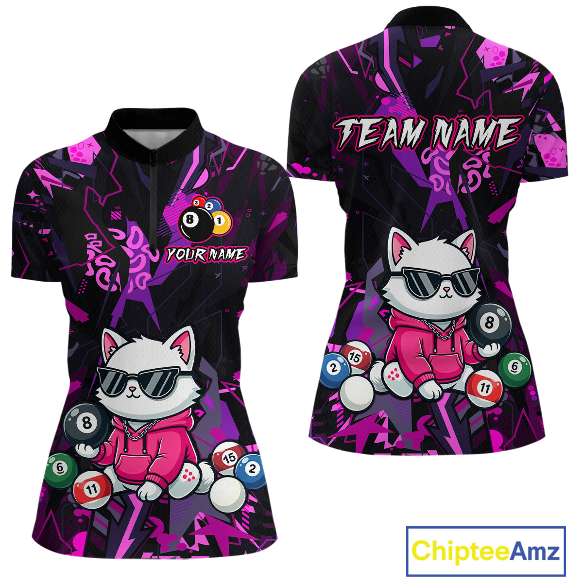 Custom Pink Cat Funny 8 Ball Pool Shirts Billiard Shirt for Women Billiard Team Jersey League NNT175