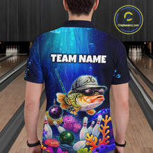 Load image into Gallery viewer, Man wearing an underwater-themed bowling polo featuring a fish mascot wearing sunglasses and a cap, colorful coral reefs, bowling pins, bowling balls, and custom your team text.